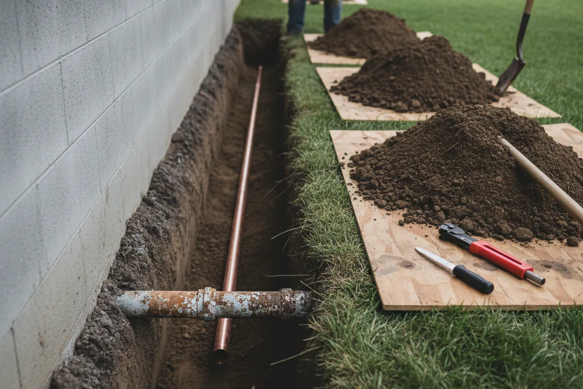 Excavated water line trench during Water Heater Repair in Henry